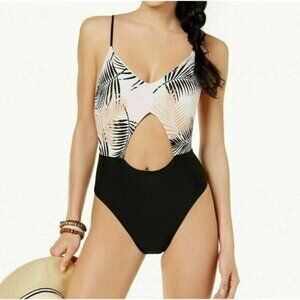 MINKPINK Isla Cut Out One Piece Swimsuit L  Palm Tropical Black Cheeky High Leg